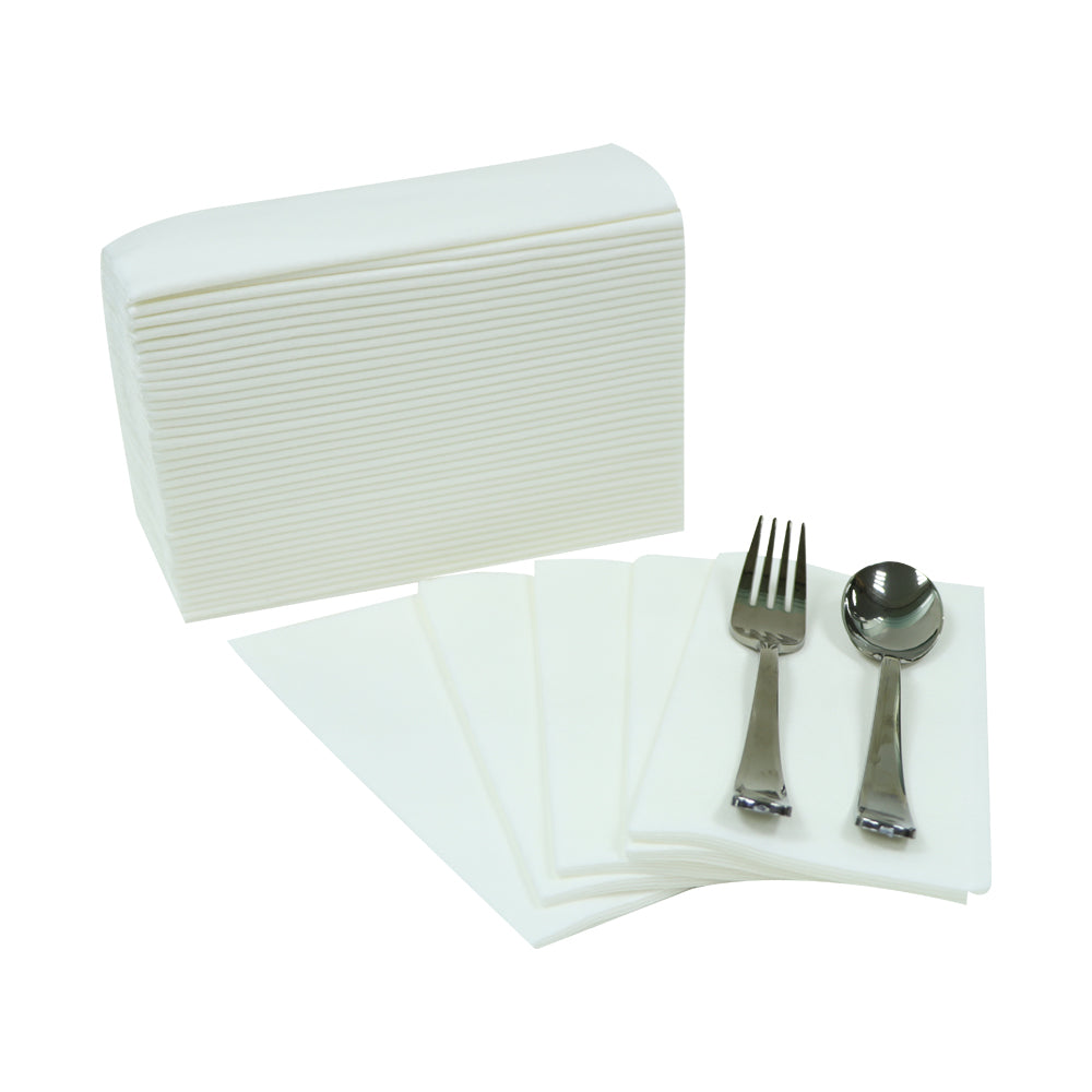 A fan-like spread of black premium airlaid napkins with a fork and spoon placed on top, against a white background.