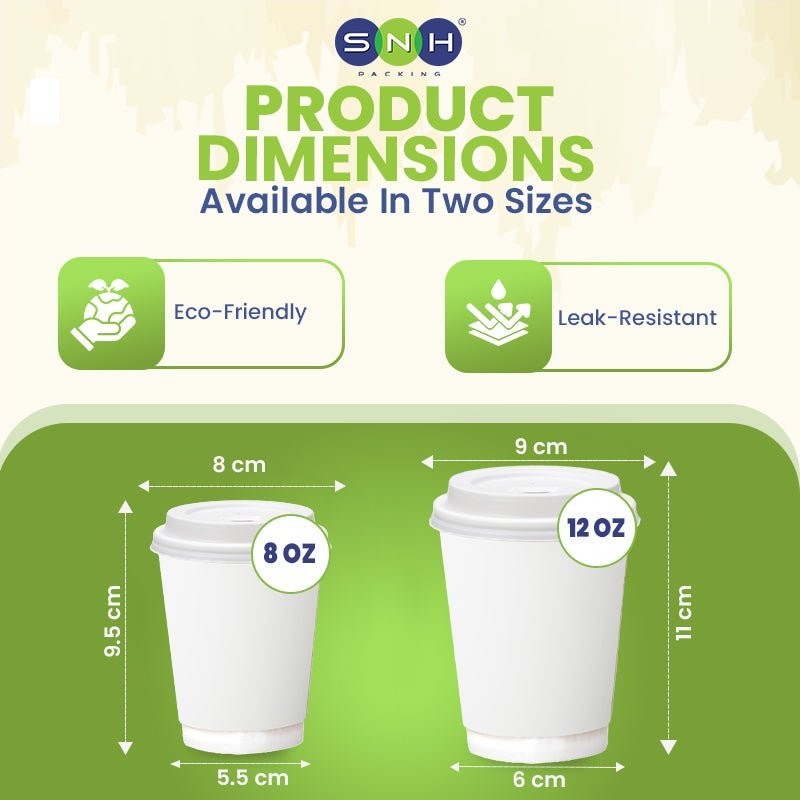 White Double Wall Paper Cups with Bagasse Lids 8 OZ 12 OZ - SNH Packing