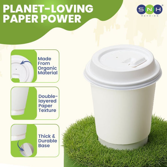 White Double Wall Paper Cups with Bagasse Lids 8 OZ 12 OZ - SNH Packing