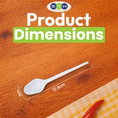 White spoon on a wooden surface with measurements and SNH branding.