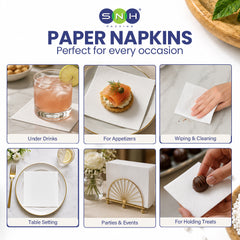 Promotional image of paper napkins with various uses on a white background, featuring the SNH brand.