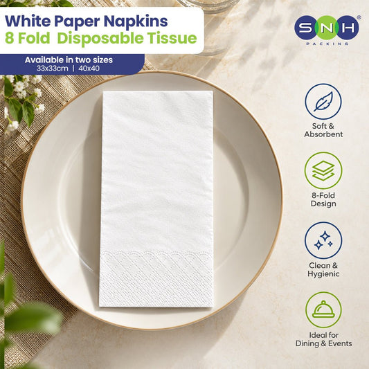 White Paper Napkins 8 Fold Soft Disposable