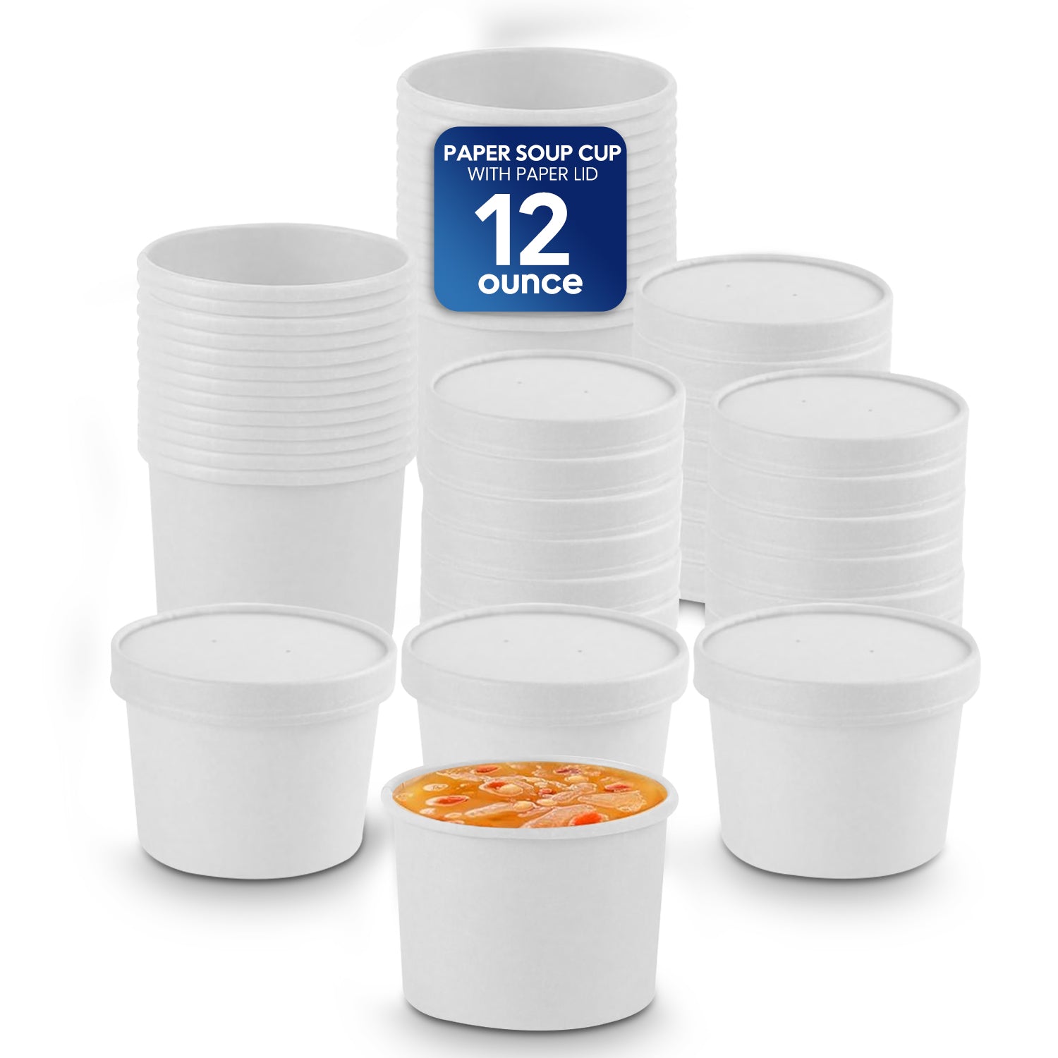 White paper soup cups with a label indicating 12-ounce capacity on a white background.