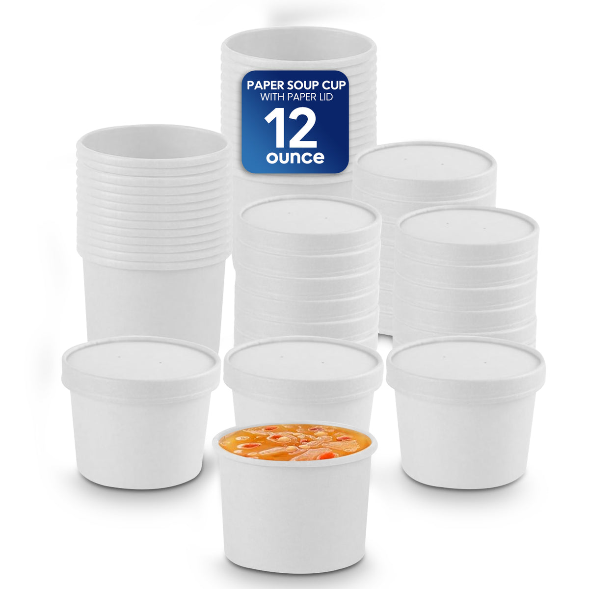 White paper soup cups with a label indicating 12-ounce capacity on a white background.