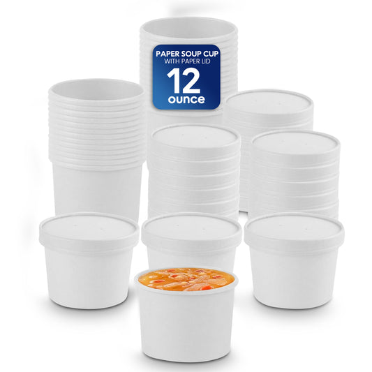 White paper soup cups with a label indicating 12-ounce capacity on a white background.