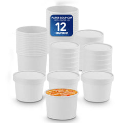 White paper soup cups with a label indicating 12-ounce capacity on a white background.
