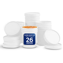 Stack of white paper soup cups with a 26-ounce label on a white background