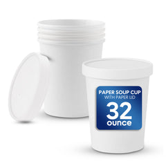 32-ounce paper soup cup with a paper lid on a white background