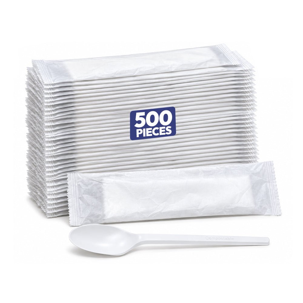 White PLA Spoon and Napkin Set - 500 Pcs Wholesale Pack - SNH Packing