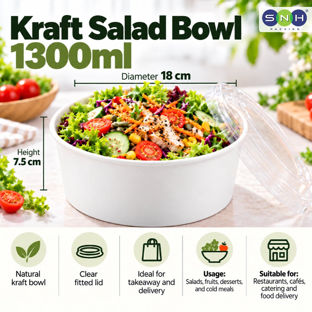 White Round Salad Bowls with Lids 500ML to 1300ML - SNH Packing