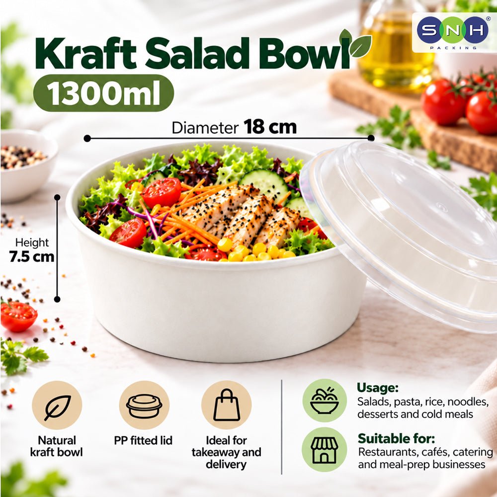 White Round Salad Bowls with Lids 500ML to 1300ML - SNH Packing