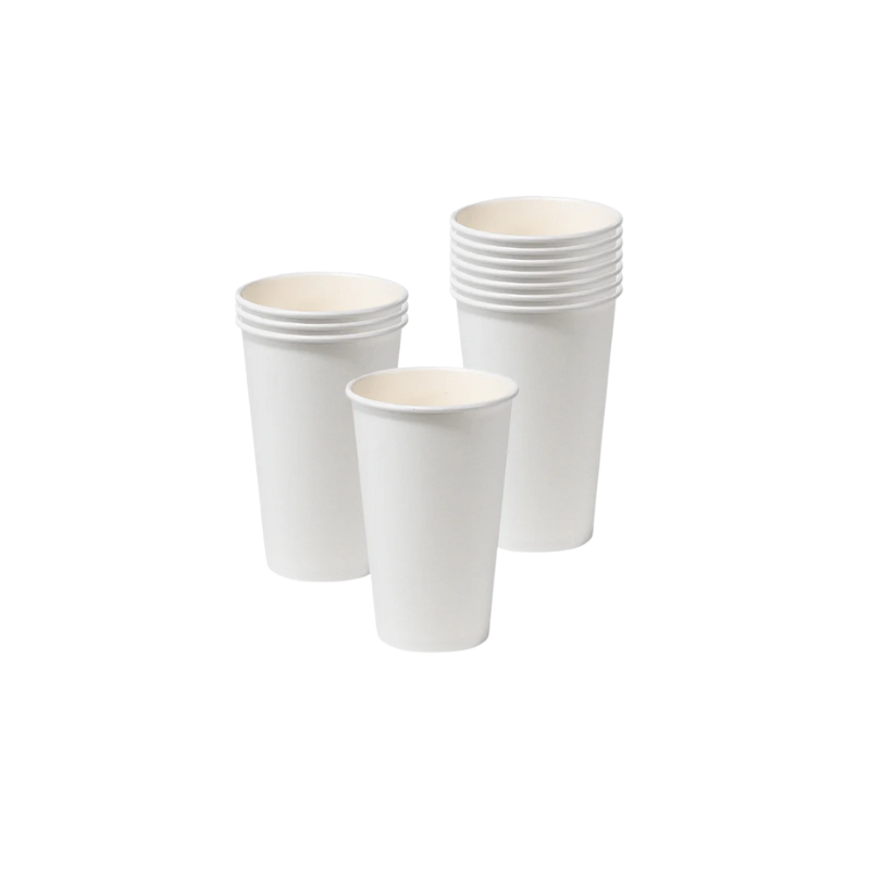 White paper cups stacked on a white background
