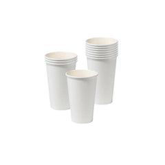 White paper cups stacked on a white background
