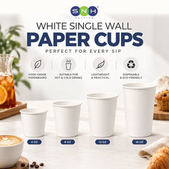 White Single Wall Paper Cups 4oz to 16oz Disposable Beverage Cups - SNH Packing