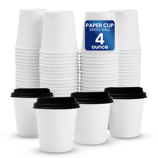 Stacks of white paper cups with black lids and a label indicating '4 ounce' capacity on a white background.