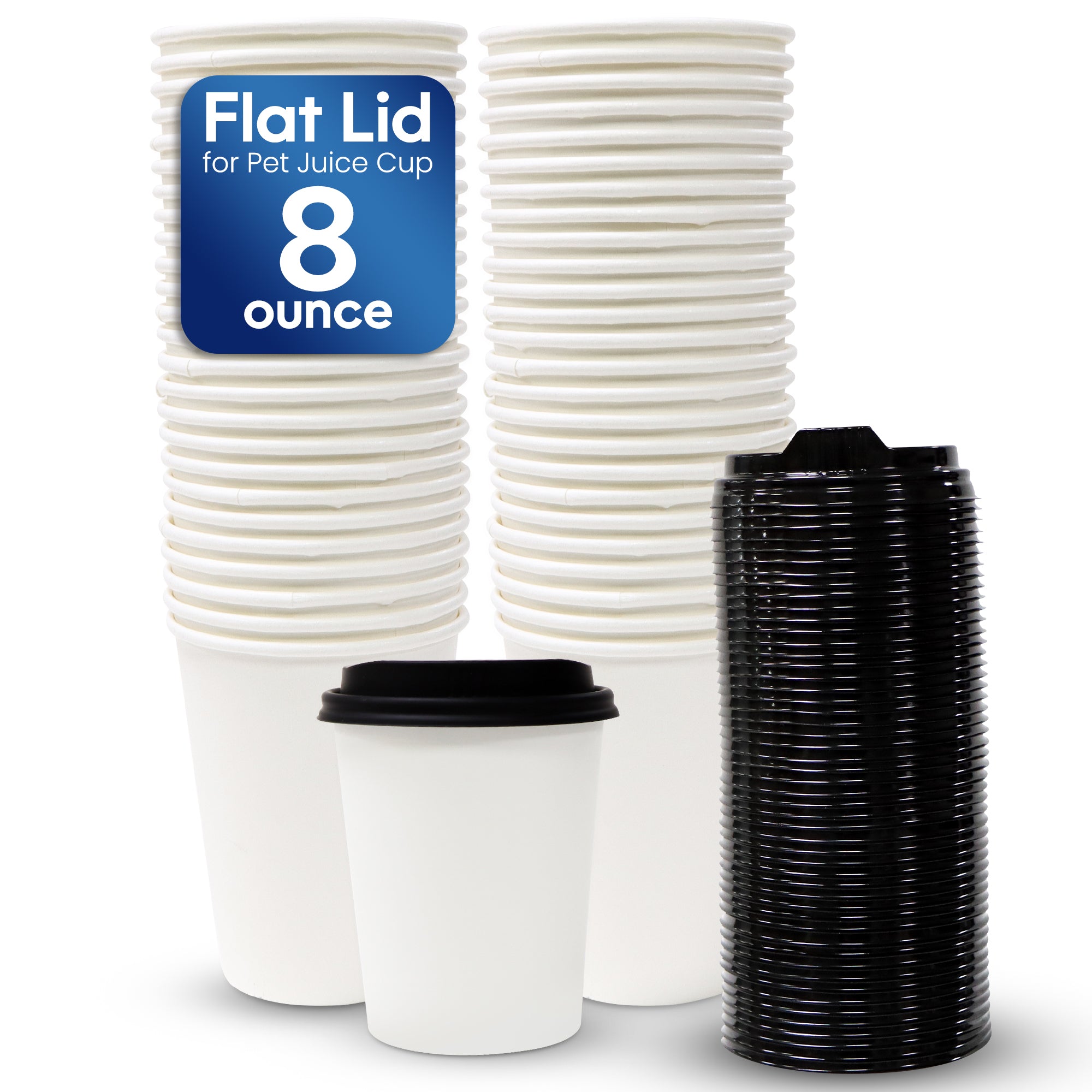 Stacks of 8-ounce white paper cups with black lids on a white background