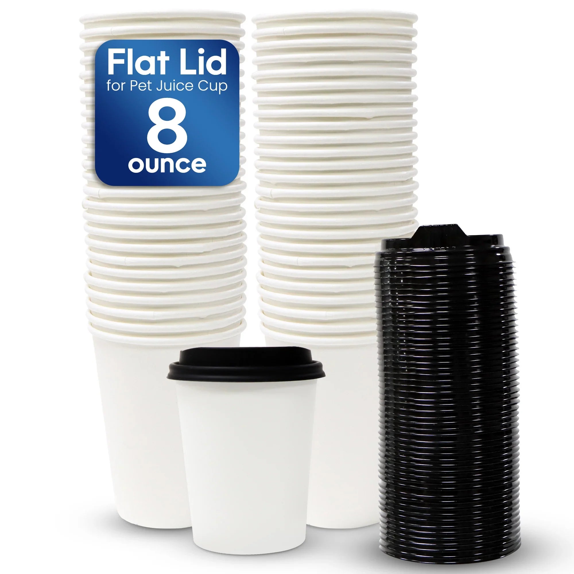 Stacks of 8-ounce paper cups with flat lids on a white background
