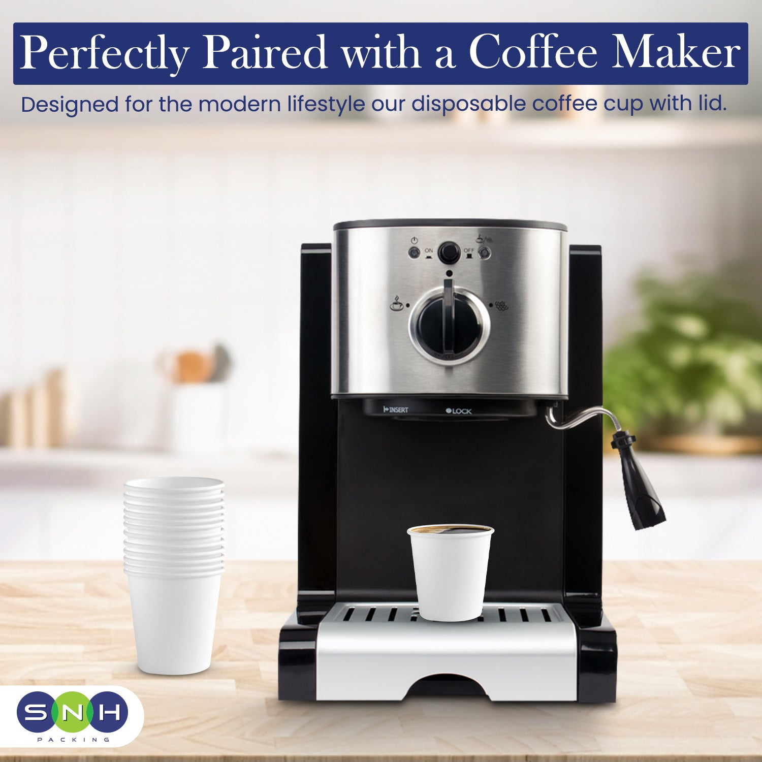 Coffee maker with disposable coffee cups on a wooden surface, with 'SNH' branding.