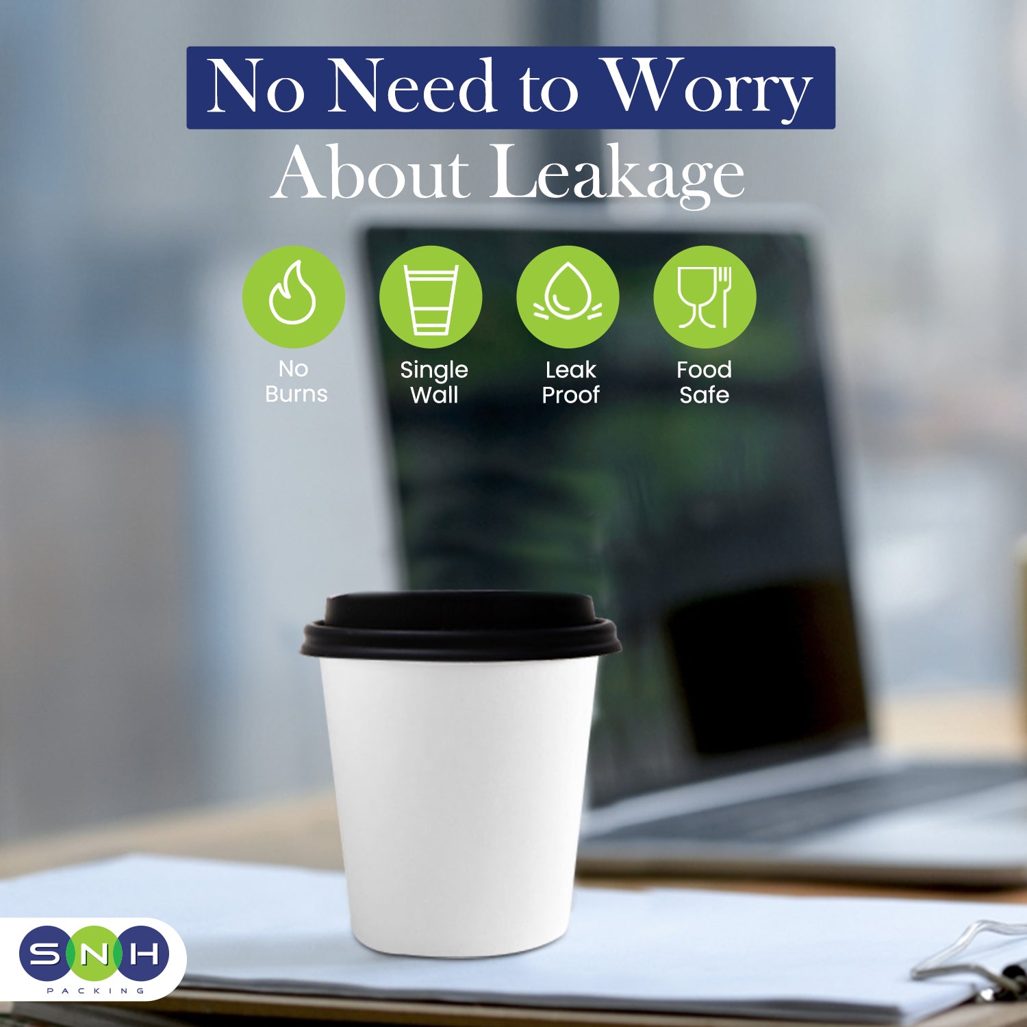 White disposable cup with black lid on a desk in front of a laptop, with promotional text about product features.