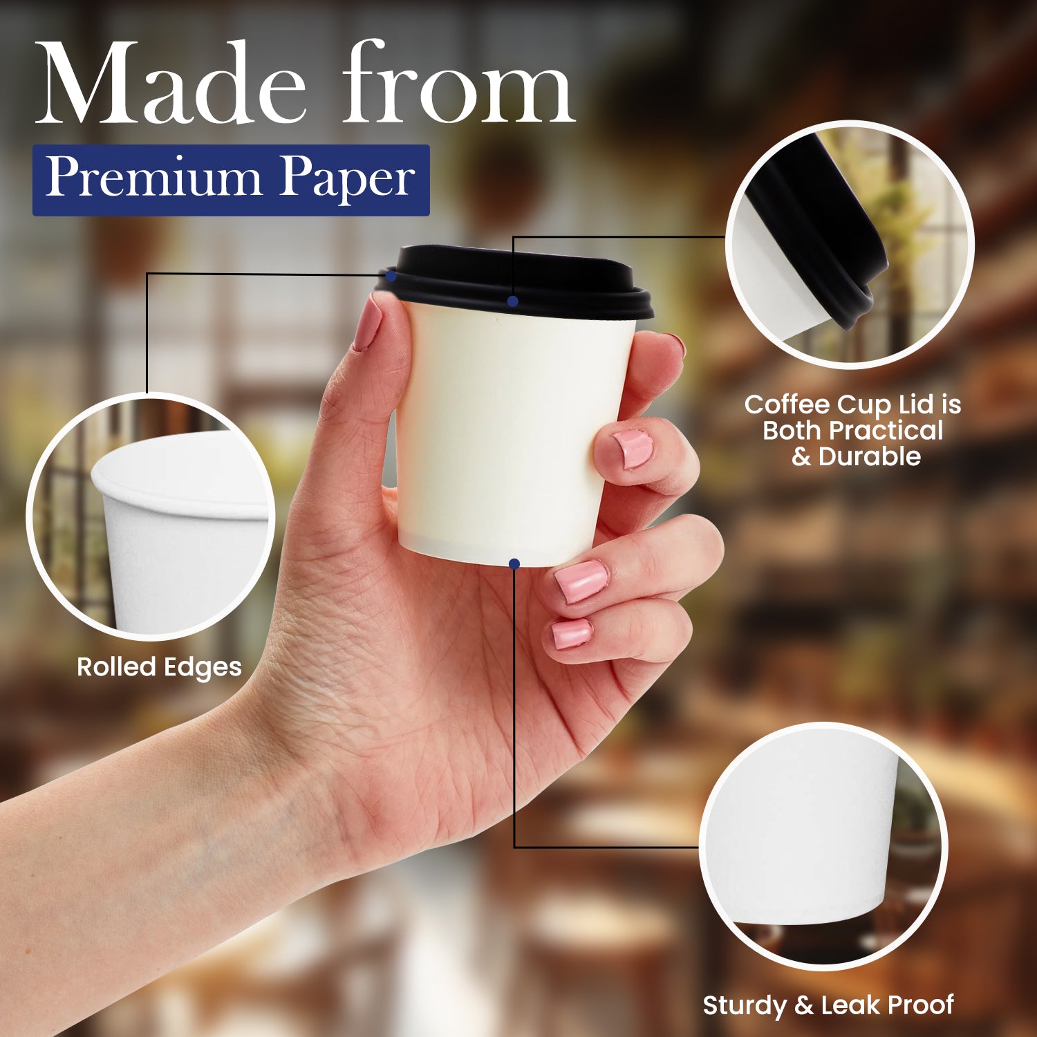 Hand holding a white paper coffee cup with features highlighted on a blurred background