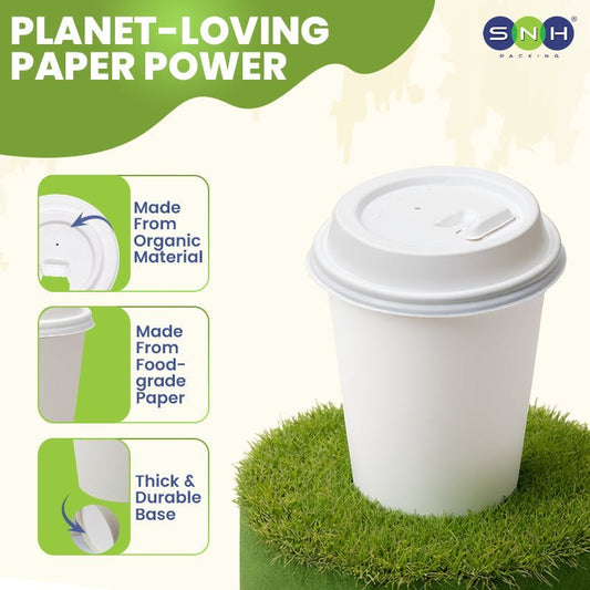 White Single Wall Paper Cups with Bagasse Lids 8oz 12oz - SNH Packing