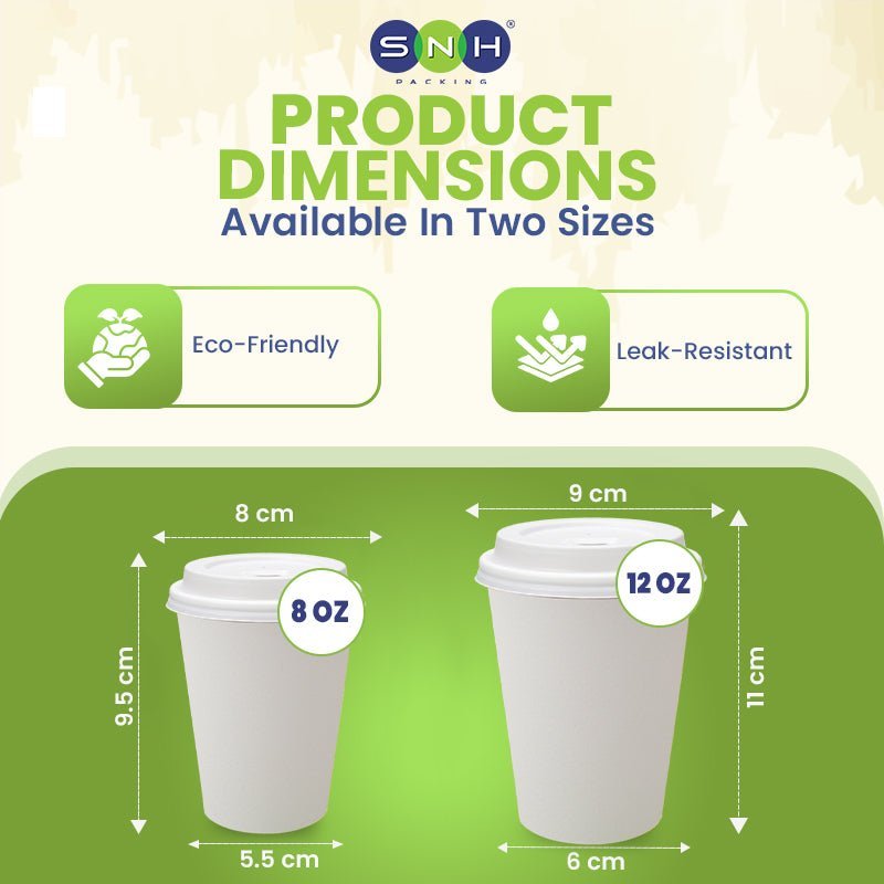 White Single Wall Paper Cups with Bagasse Lids 8oz 12oz - SNH Packing