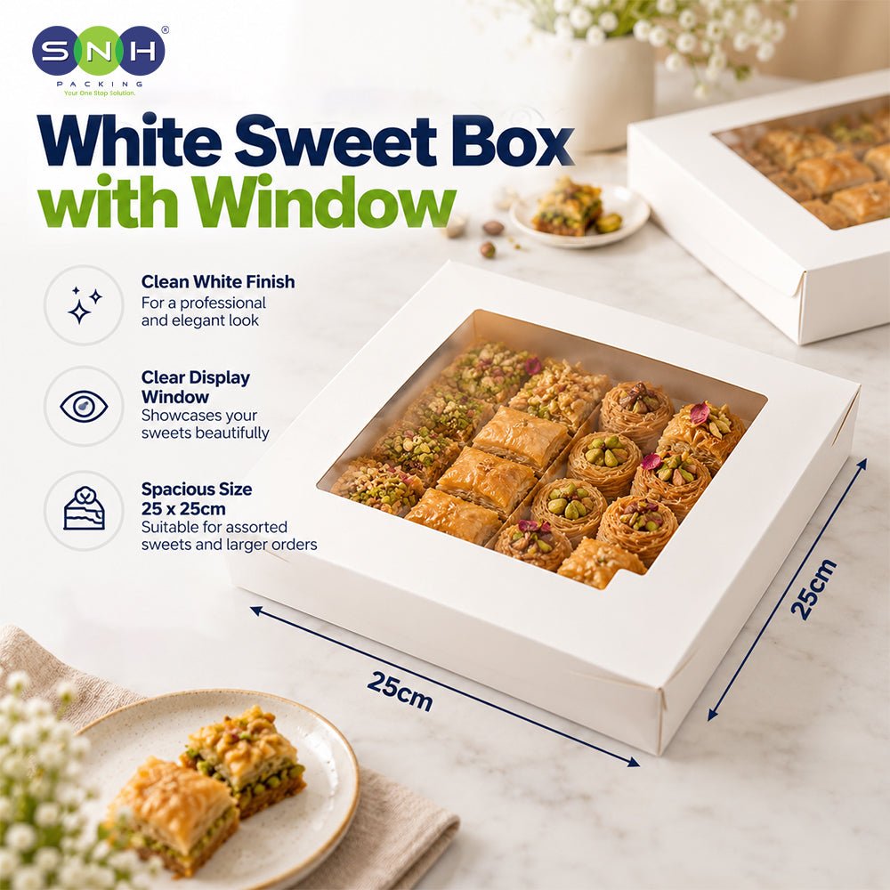 White Sweet Box with Window 25 x 25cm - 250 Pcs Bulk Pack - SNH Packing