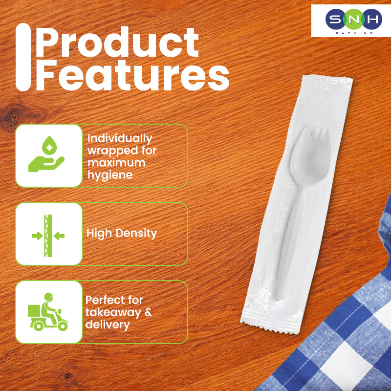 Product features of individually wrapped cutlery on a wooden surface with SNH branding.