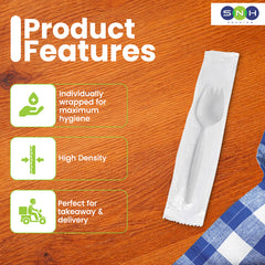 Product features of individually wrapped cutlery on a wooden surface with SNH branding.