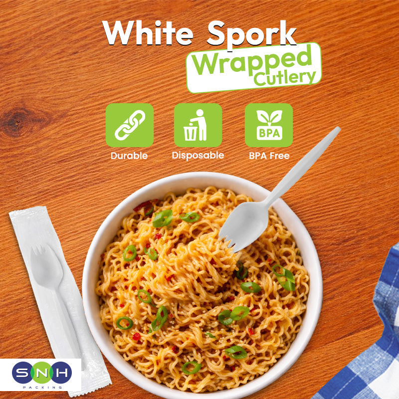 White Spork wrapped cutlery with a bowl of noodles on a wooden surface, featuring durability, disposability, and BPA-free icons.