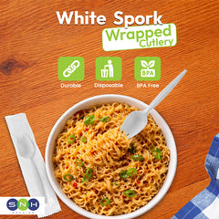 White Spork wrapped cutlery with a bowl of noodles on a wooden surface, featuring durability, disposability, and BPA-free icons.