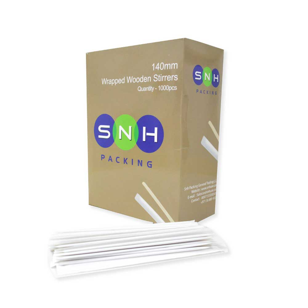 Box of SNH Wrapped Wooden Stirrers with stirrers displayed in front