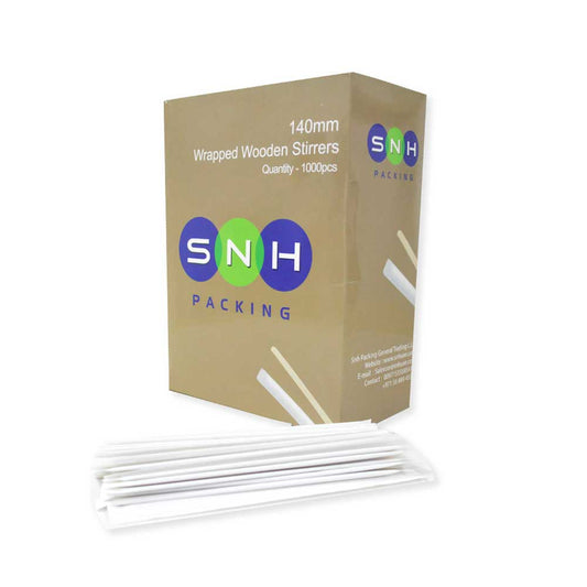 Box of SNH Wrapped Wooden Stirrers with stirrers displayed in front