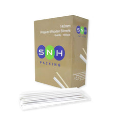 Box of SNH Wrapped Wooden Stirrers with stirrers displayed in front
