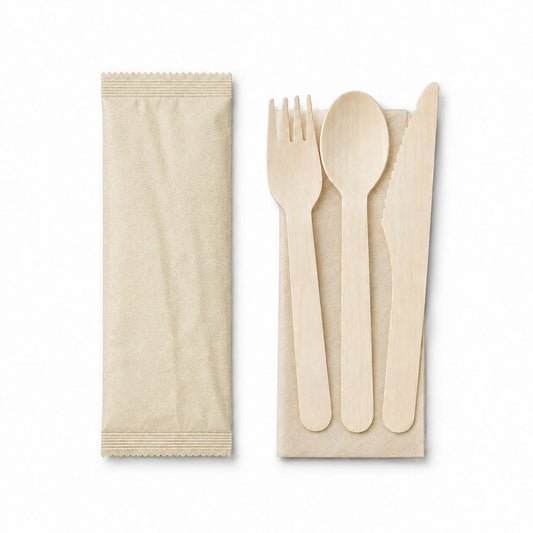 Wooden Cutlery Pack 4 in 1 Spoon Fork Knife Napkin - SNH Packing