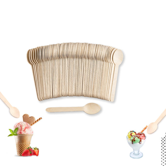 A stack of beige wooden ice cream spoons with a few spoons scattered in front, alongside illustrations of ice cream and fruit with the spoons.