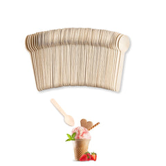 A stack of beige wooden ice cream spoons with a few spoons scattered in front, alongside illustrations of ice cream and fruit with the spoons.