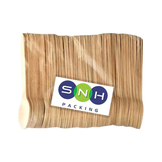 A bundle of beige disposable wooden spoons with the SNH Packing logo in the center.